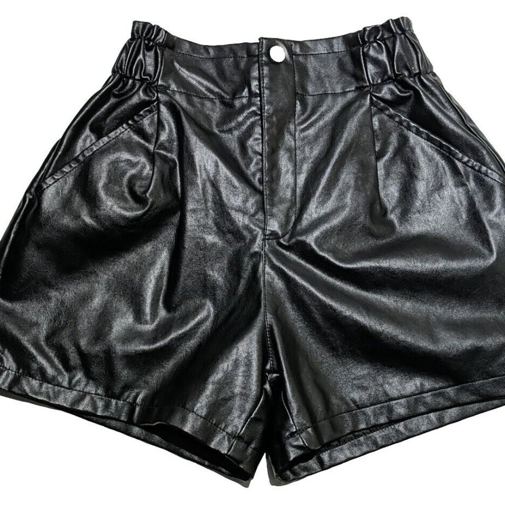 RAMISU Collection Junior Black Faux Leather High Elastic Waist Shorts( Large)